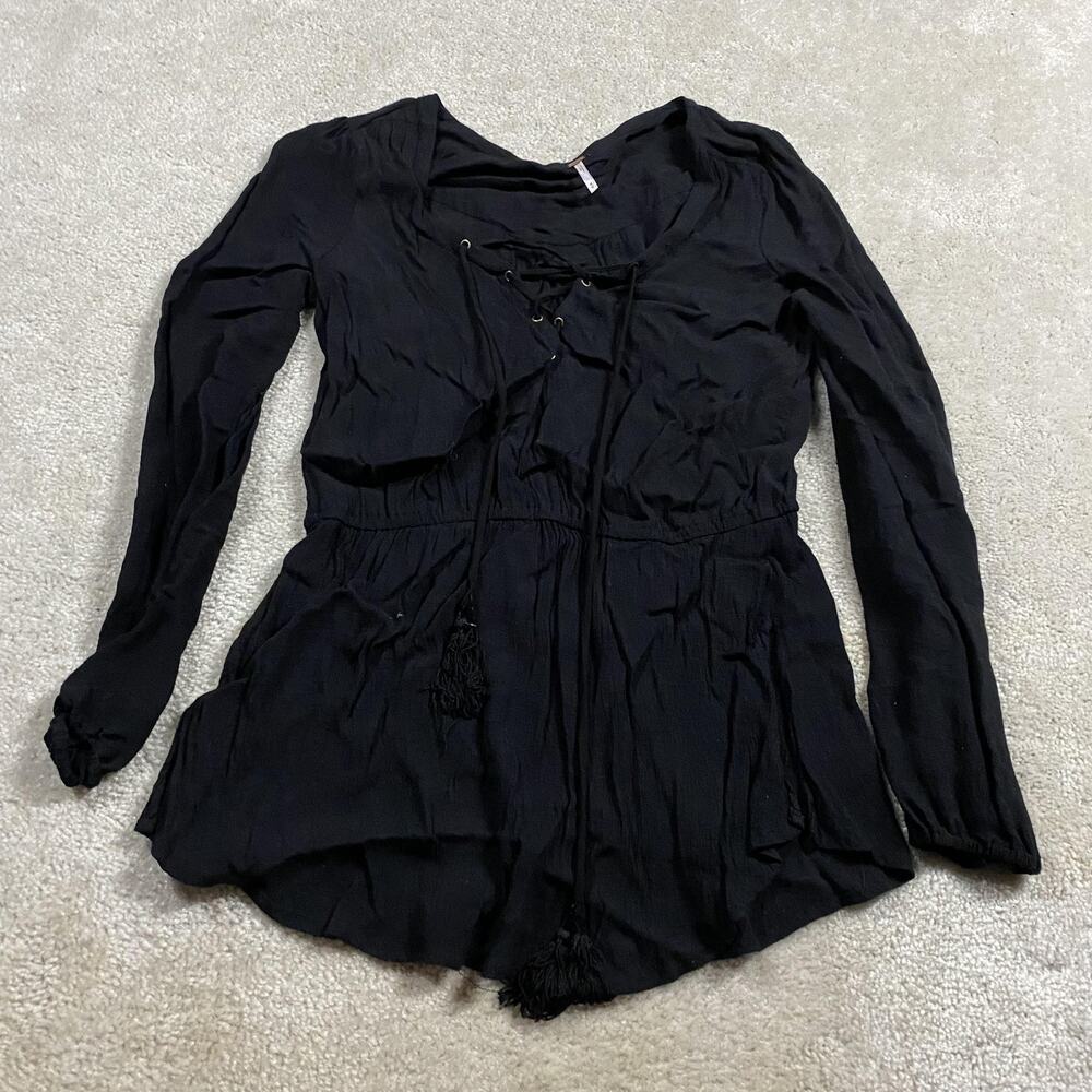 Free People Shirt Womens M Black Long Sleeve Lace Up Tassel Boho Woven